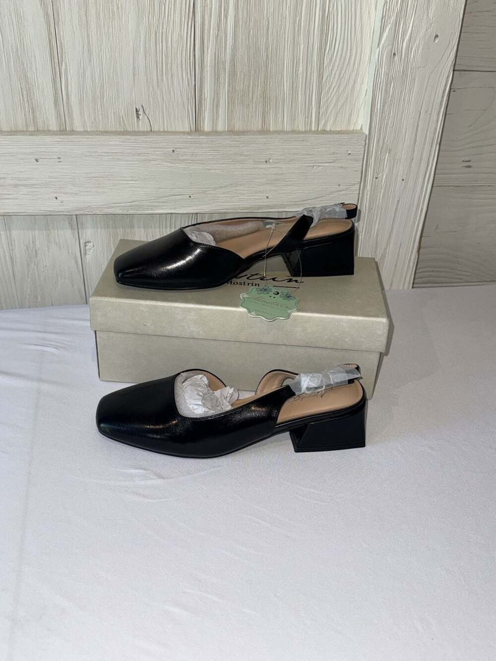 Mostrin Black Square Toe Slingback Block Heel Pumps Size 36
